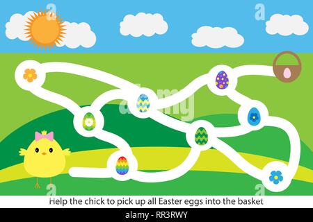 Easter labyrinth maze game, help the chick to pick up all eggs, cute cartoon character, preschool worksheet activity for kids, task for the developmen Stock Vector