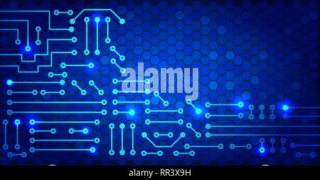 Drawing modern electronic circuit on cells pattern and blue glowing background Stock Vector
