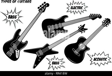 Electric, bass and acoustic guitar with 6 and 4 strings. Stock Vector