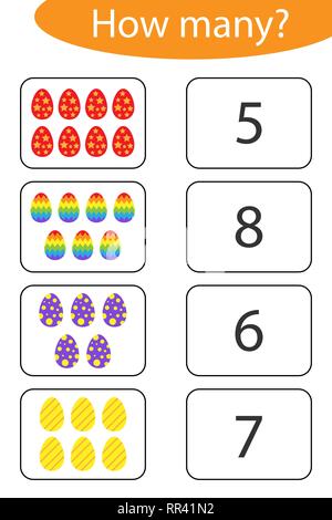 How many counting game with easter eggs for kids, educational maths task for the development of logical thinking, preschool worksheet activity, count  Stock Vector