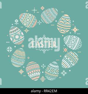 The circular template with place for the text of colorful Easter egg vector flat icons painted in traditional style. Stock Vector