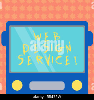Writing note showing Web Design Service. Business photo showcasing development process for creating website focuses factors Drawn Flat Front View of B Stock Photo