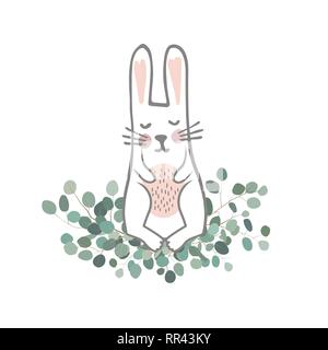 Cute hand drawn bunny on the Eucaliptus branches. Easter Vector illustration. Sweet Newborn Rabbit Character Stock Vector