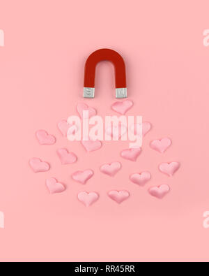 Red magnet and pink textile hearts on pink background. Valentines day texture and love concept