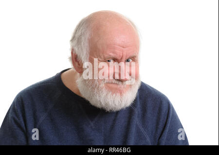 old man with insidious tricky fake smile, isolated on withe Stock Photo