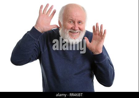 old man shows his empty palms isolated on white Stock Photo