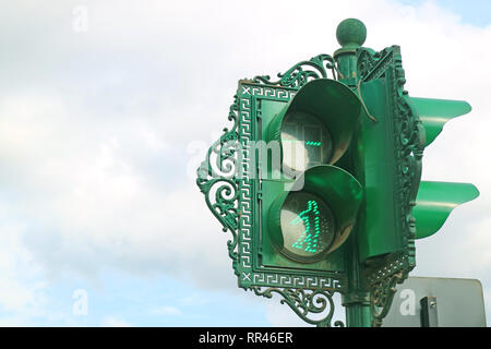 Unique Vintage Style Urban Traffic Signal on the Main Street of Cusco, Peru Stock Photo