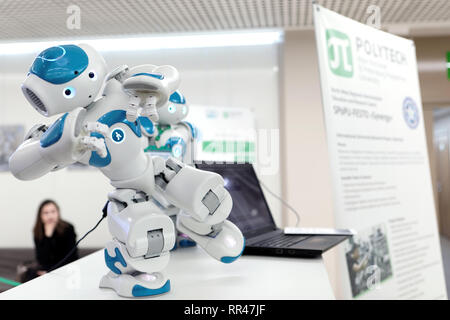 St. Petersburg, Russia - February 18, 2019: Dancing humanoid robot NAQ on the exhibition dedicated to 120th anniversary of Peter the Great Saint-Peter Stock Photo