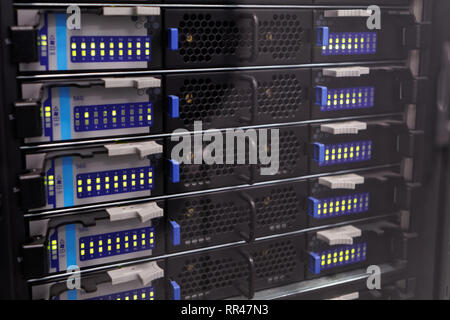 St. Petersburg, Russia - February 18, 2019: Closeup of a message passing rack of supercomputer in the supercomputer center of Peter the Great Saint-Pe Stock Photo