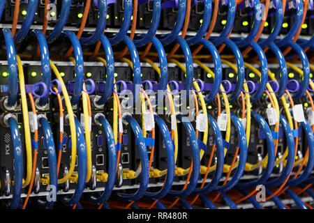 St. Petersburg, Russia - February 18, 2019: Closeup of a rack of supercomputer with cables and light indicators in the supercomputer center of Peter t Stock Photo