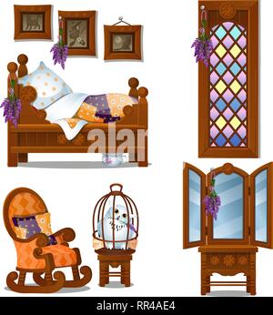 Set of wooden furniture in the style of Halloween isolated on white background. Vector cartoon close-up illustration. Stock Vector