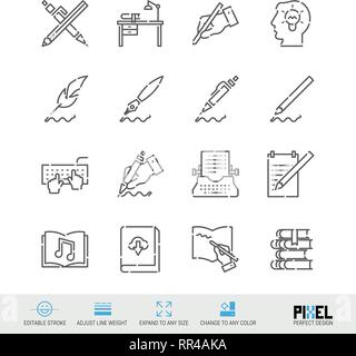 Vector Line Icon Set. Writing, Author, Books Related Linear Icons. Pen and Ink Symbols, Pictograms, Signs Stock Vector