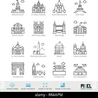 Landmarks line icons signs set. Design collection of Monuments, Statues ...