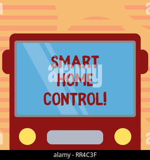 Word writing text Smart Home Control. Business concept for provides owners security comfort and energy efficiency Drawn Flat Front View of Bus with Bl Stock Photo