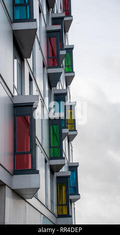 Reading, United Kingdom - February 09 2019:   A modern block of flats with Colourful windows in Chatham Place Stock Photo