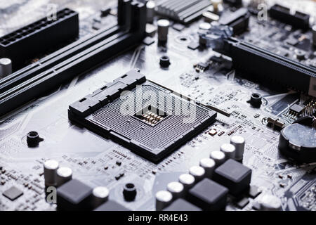 View of CPU socket on PC computer motherboard Stock Photo