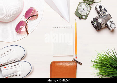Flat lay accessories traveler on a white background. The concept of rest. Copy space Stock Photo