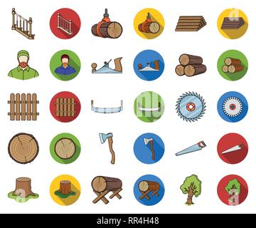 Logs in a stack, plane, tree, ladder with handrails. Sawmill and timber ...