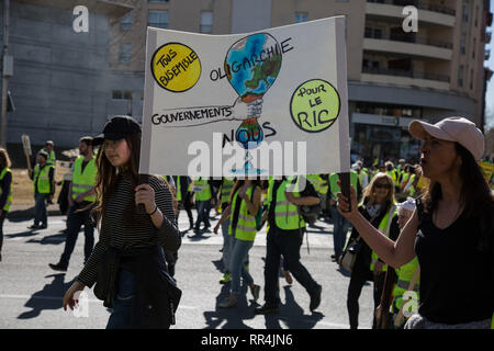 February 23, 2019 - Yellow vests demonstrators gather in the French southeastern town of Sisteron and then head to the town of Gap for major protests for the 15th consecutive week of marches. About 800 protesters were seen demonstrating in Gap, while thousands of protesters joined marches in Paris and all around France this Saturday. The Gilet Jaunes protests began last November against the increase in diesel tax, but gradually turned into a major movement against the economic policies and reforms of French President Macron (Credit Image: © Louai Barakat/IMAGESLIVE via ZUMA Wire) Stock Photo