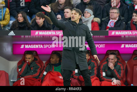 Munich, Germany. 23rd February, 2019. headcoach Niko Kovac (FCB), team manager, coach,  Gesticulate, give instructions, action, single image, gesture, hand movement, pointing, interpret, mimik, RAFINHA (FCB 13) Franck RIBERY, FCB 7 Renato SANCHES, FCB 35 Spare Bank, Player Bank, Reserve, Coach Bank,  FC BAYERN MUNICH - HERTHA BSC BERLIN 1-0  - DFL REGULATIONS PROHIBIT ANY USE OF PHOTOGRAPHS as IMAGE SEQUENCES and/or QUASI-VIDEO -  1.German Soccer League , Munich, February 23, 2019  Season 2018/2019, matchday 24, FCB, München,  © Peter Schatz / Alamy Live News Stock Photo