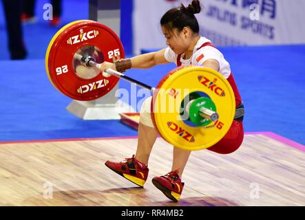Fuzhou, China's Fujian Province. 24th Feb, 2019. Chen Guiming of China competes during the women's weightlifting 59kg event at 2019 IWF World Cup & Qualification Event For 2020 Tokyo Olympic Games in Fuzhou, southeast China's Fujian Province, Feb. 24, 2019. Credit: Wei Peiquan/Xinhua/Alamy Live News Stock Photo