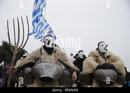 Thessaloniki, Greece. 24th Feb, 2019. Participants wearing traditional costumes march at the seafront of Thessaloniki. The Folklife and Ethnological Museum of Macedonia organized the fifth European assembly of bell bearers in Thessaloniki. The assembly took place in the context of the action ''Bell Roads'', which attempts to explore the customs of bell bearing in Europe. ' Credit: ZUMA Press, Inc./Alamy Live News Stock Photo