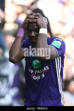 Anderlecht's Yannick Yala Bolasie looks dejected during a soccer match  between RSC Anderlecht and Club Brugge KV, Sunday 24 February 2019 in  Brussels, on the 27th day of the 'Jupiler Pro League