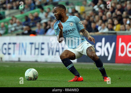 London, UK. 24th Feb, 2019.  Raheem Sterling of Manchester City in action. Carabao Cup final match, Chelsea v Manchester city at Wembley Stadium in London on Sunday 24th February 2019. this image may only be used for Editorial purposes. Editorial use only, license required for commercial use. No use in betting, games or a single club/league/player publications . pic by Steffan Bowen/Andrew Orchard sports photography/Alamy Live news Credit: Andrew Orchard sports photography/Alamy Live News Stock Photo