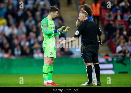 London, UK. 24th Feb, 2019. Kepa Arrizabalaga of Chelsea refusing to be substituted is having a word with Referee Jon Moss during the Carabao Cup match between Chelsea and Manchester City at Wembley Stadium, London on Sunday 24th February 2019. (Credit: Alan Hayward | MI News)Editorial use only, licence required for commercial use. No use in Betting, games or a single club/league/player publication.No use in Betting, games or a single club/league/player publication.(Credit: Alan Hayward | MI News) Credit: MI News & Sport /Alamy Live News Stock Photo