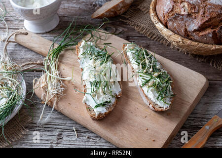 Sourdough bread with cottage cheese and wild allium vineale, or crow garlic, on a table Stock Photo