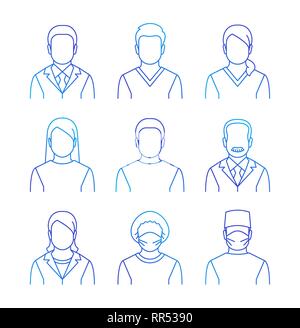 Medical staff vector thin line avatars. Hospital specialists icons. Doctors, nurses, assistants, patients, surgeon, professor. Different health care m Stock Vector