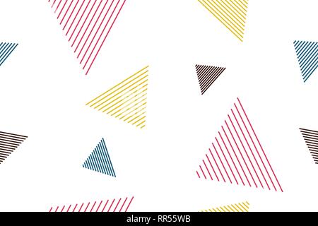 Seamless, abstract background pattern made with lines forming triangle shapes in flowing in air abstraction. Playful, modern vector art in yellow, red Stock Vector
