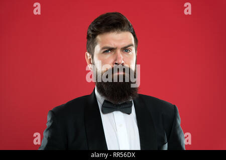 Formal outfit. Take good care of suit. Elegancy and male style. Businessman  or host fashionable outfit grey background. Fashion concept. Classy style.  Man bearded hipster wear classic suit outfit Stock Photo by ©