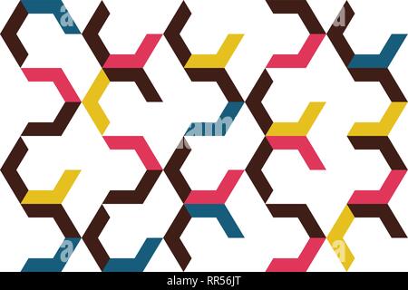 Seamless, abstract background pattern made with chevron / arrow shapes. Playful, modern and geometric vector art in yellow, pink, blue and black color Stock Vector
