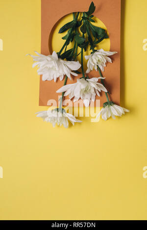 Creative layout made of white flowers on yellow background. Flat lay, top view, copy space. Nature minimal concept Stock Photo