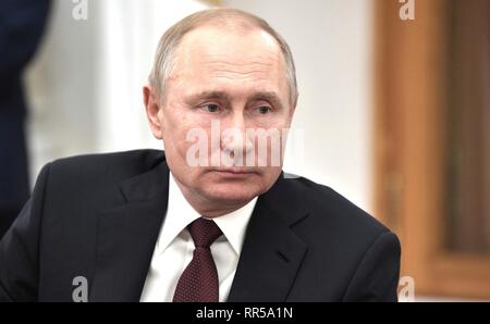 Russian President Vladimir Putin holds a meeting with representatives of Russian news organizations at the Kremlin February 20, 2019 in Moscow, Russia. Stock Photo