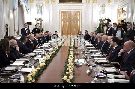 Russian President Vladimir Putin holds a meeting with representatives of Russian news organizations at the Kremlin February 20, 2019 in Moscow, Russia. Stock Photo