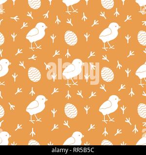 Seamless pattern with chicken, traces of chicken, decorated eggs. Happy Easter. Festive background. Design for banner, poster or print. Stock Vector