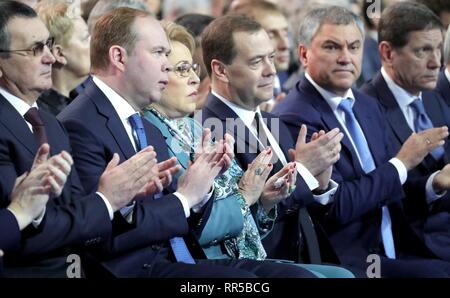 Members of the Russian leadership applaud during the annual address to the Federal Assembly by President Vladimir Putin at Gostiny Dvor arcade February 20, 2019 in Moscow, Russia. Seated from left to right are: Presidential Chief of Staff Anton Vaino, Federation Council Speaker Valentina Matviyennko, Prime Minister Dmitry Medvedev, State Duma Speaker Vyacheslav Volodin and First Deputy State Duma Speaker Alexander Zhukov. Stock Photo