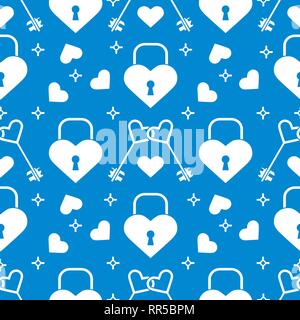 Seamless pattern with hearts, lock, keys in heart shape. Greeting card happy Valentine's Day. Romantic background. Design for banner, poster or print. Stock Vector
