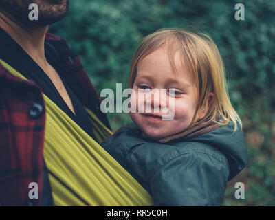 A happy little toddler is being carried by his father in a sling Stock Photo