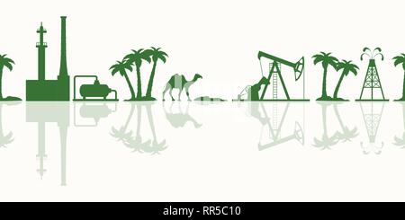 Vector seamless pattern with equipment for oil production, refinery plant, camel, palm trees. Heading or footer banner. Stock Vector
