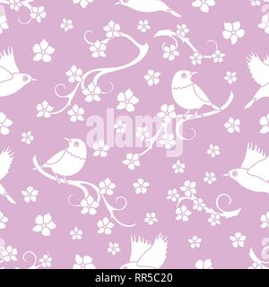 Seamless pattern with sakura branches, birds. Japan nature. Branches of cherry blossoms. Design for card, announcement, advertisement, banner or print Stock Vector