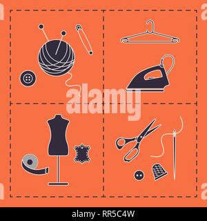 Vector illustration with tools, accessories for sewing. Buttons, clew, knitting needles, threads, iron, hanger, thimble, pins, needle, scissors, dummy Stock Vector