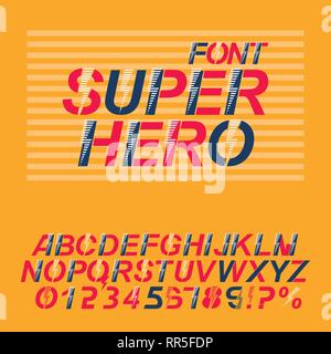 Superhero font. Alphabet letters and numbers in a comics style. Stock Vector