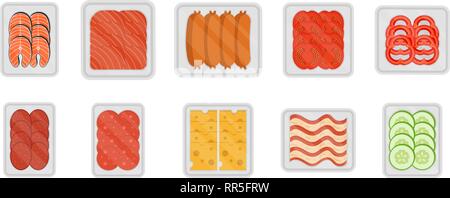 Food packed in food containers, sliced from cheese, meat, vegetables, sausages and so on. Picnic Products icons set in flat style Stock Vector