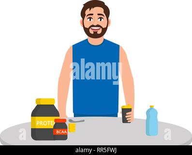 Bearded male athlete drinks protein and BCAA, the guy is standing at the table holding a shaker. Character in cartoon style Stock Vector