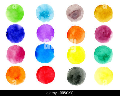Set of hand painted watercolor textured round backgrounds isolated on white. Collection of multicolor brush strokes. Stock Photo