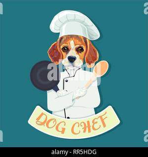 Funny beagle dog chef holding ladle and frying pan on blue background. vector illustration. Stock Vector