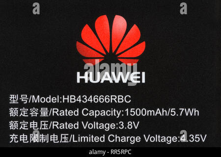 The Huawei logo as seen on a power battery fitted in one of its electronic products (Editorial use only). Stock Photo